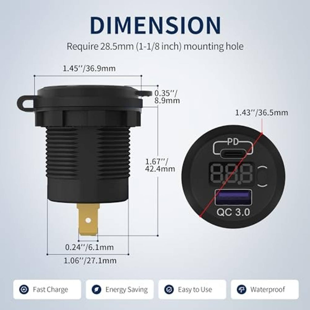 Black 12V car charger socket with USB port and built-in voltmeter display