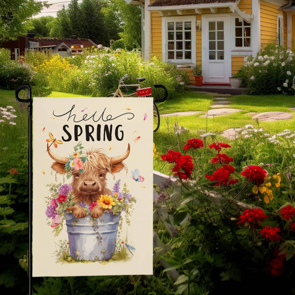 Hello Spring cream garden flag with highland cow and colorful spring flowers in a pot