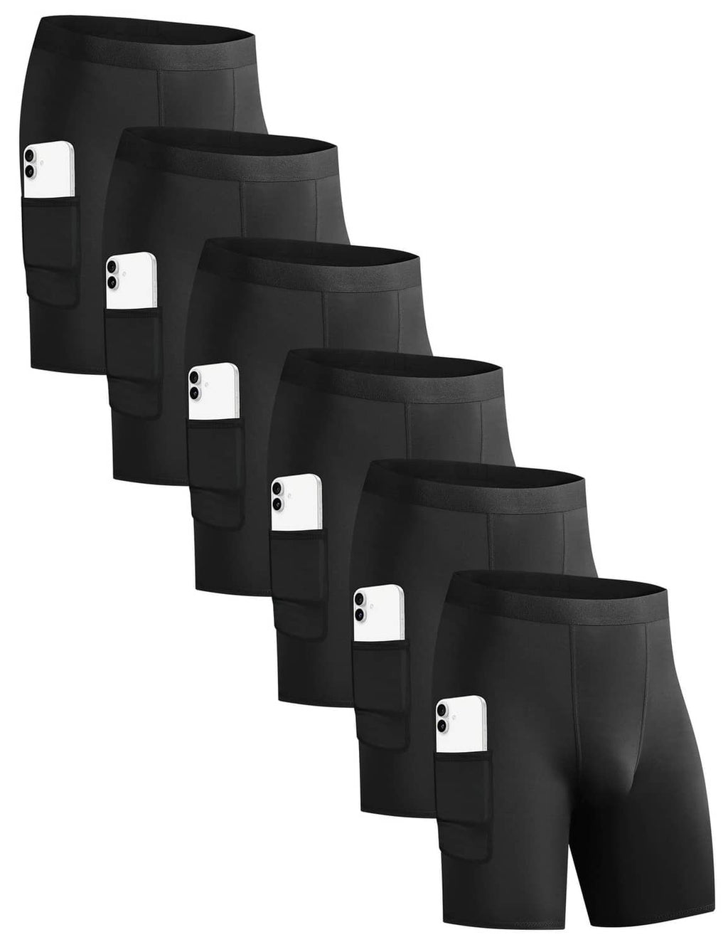 6-pack men's black compression shorts with pocket, mid-thigh length, stretch fit