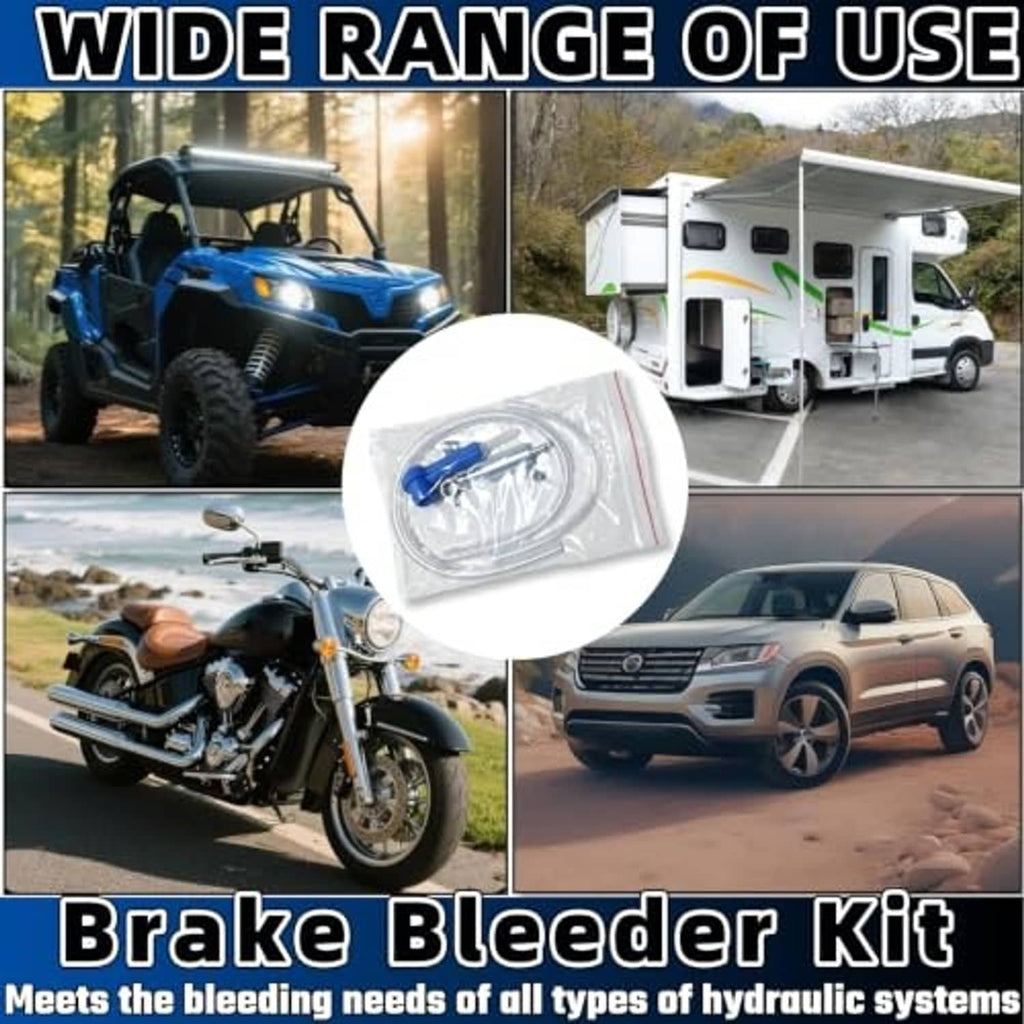 Universal brake bleeder kit with clear hose and blue one-way check valve in foil pouch