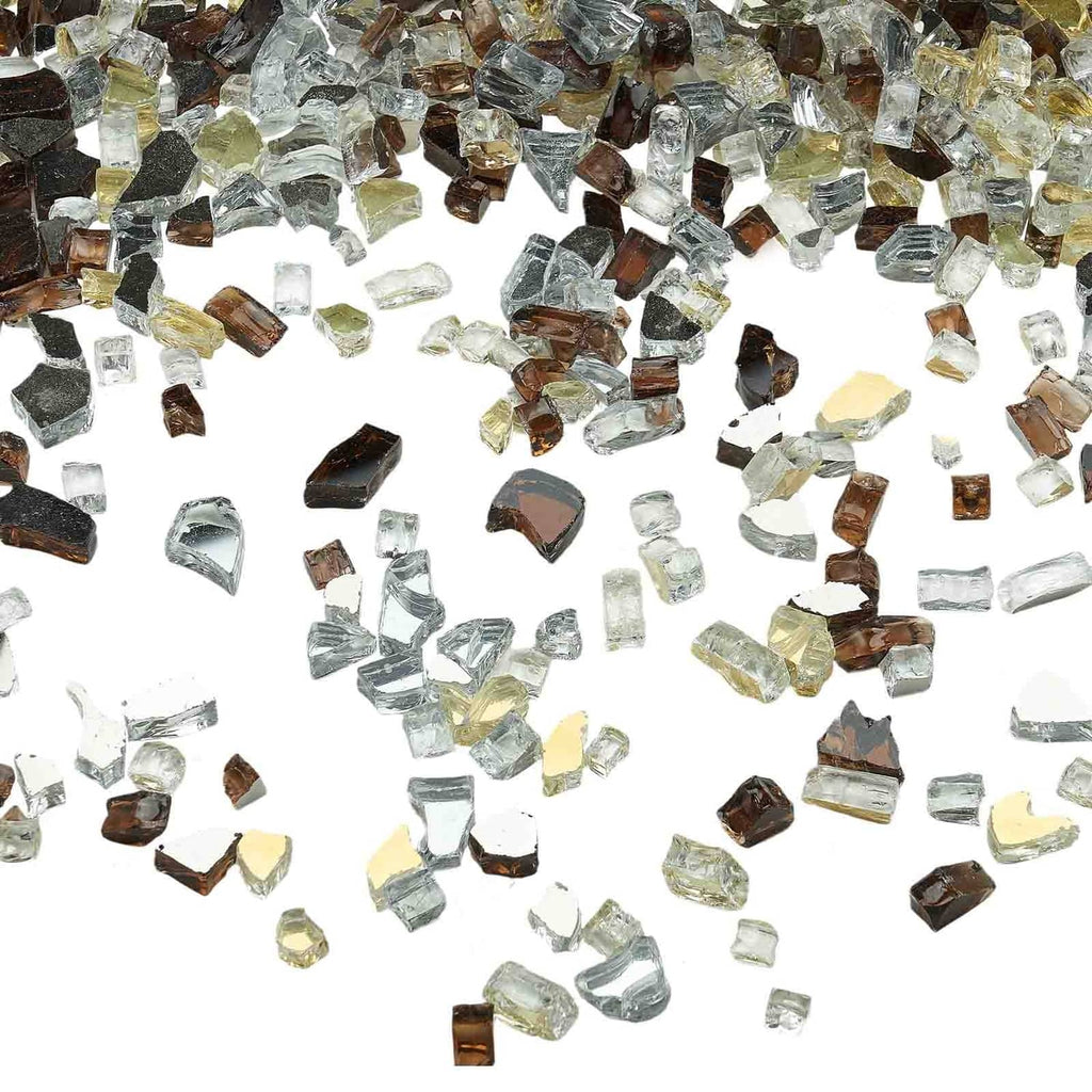 Mixed copper-gold glass fire pit rocks scattered, 1/2-inch cubes