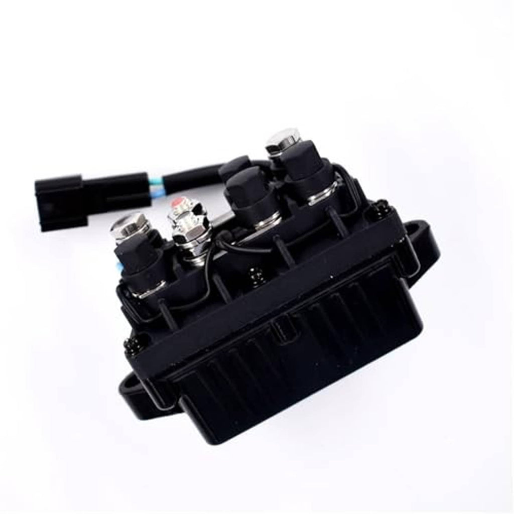 Tilt-trim relay module in black housing with stacked electrical terminals and lead wire