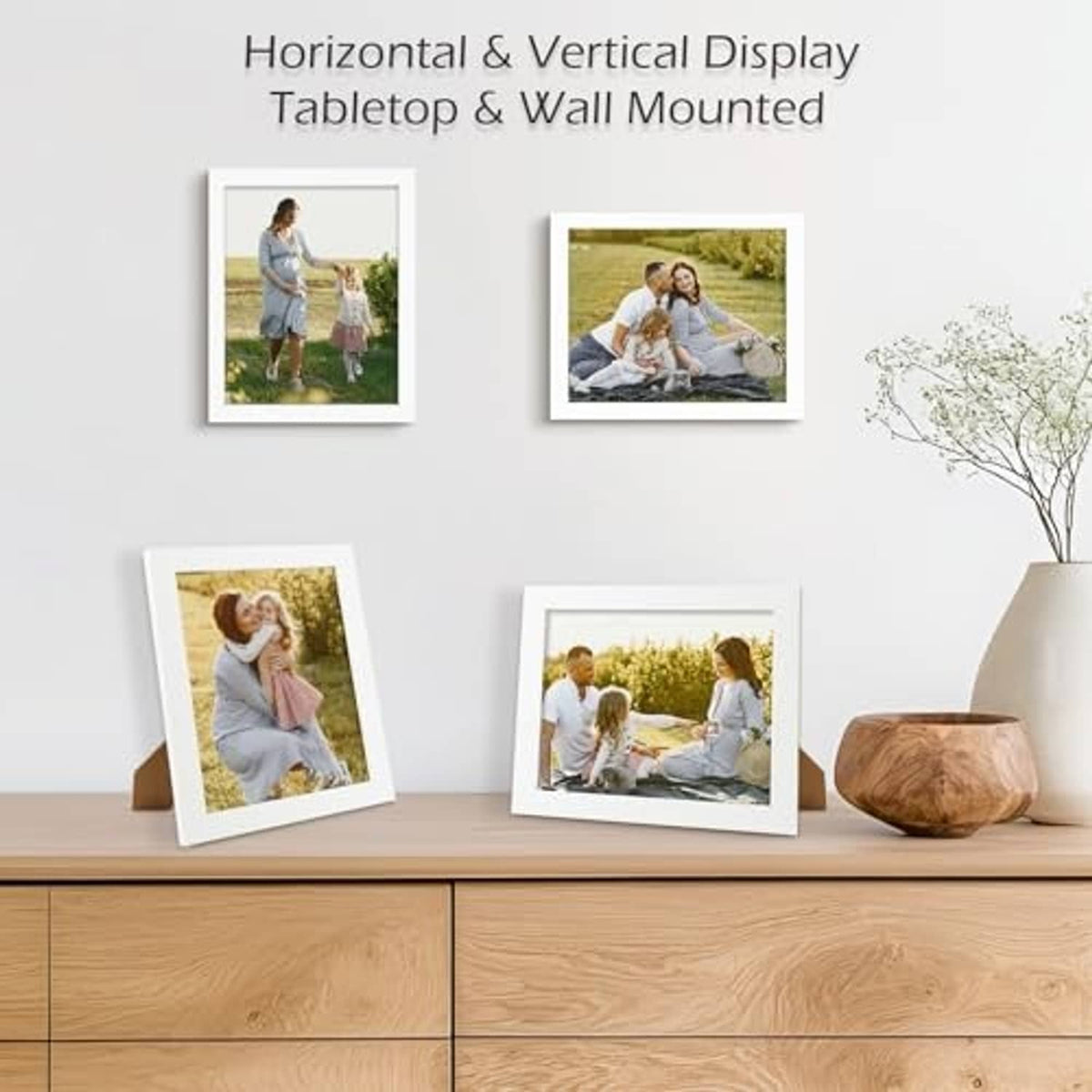 White picture frame set with clear glass, displaying photos for wall or tabletop