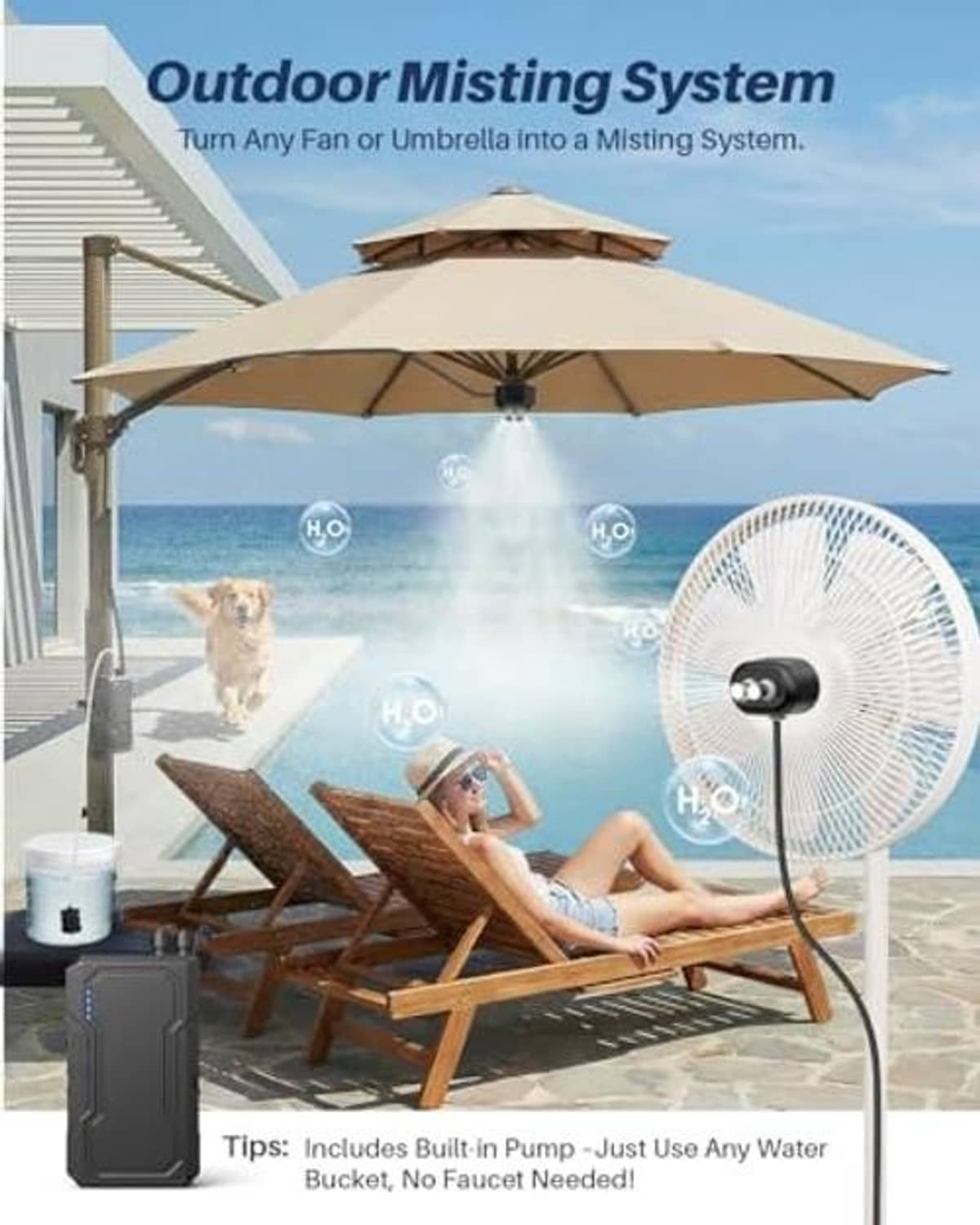 Outdoor misting kit with standing fan and misting pump beside patio umbrella