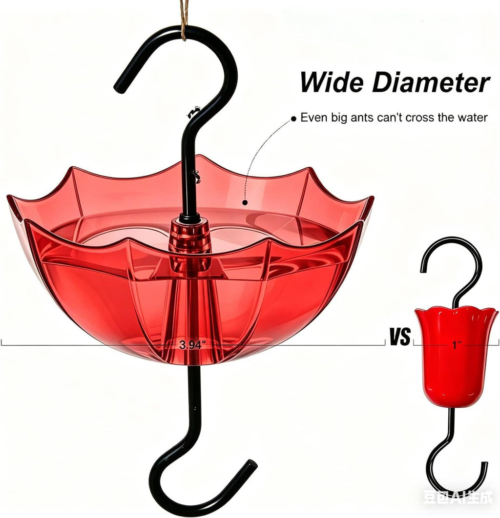 Red hummingbird feeder ant moat with black hanging hook and wide clear water tray