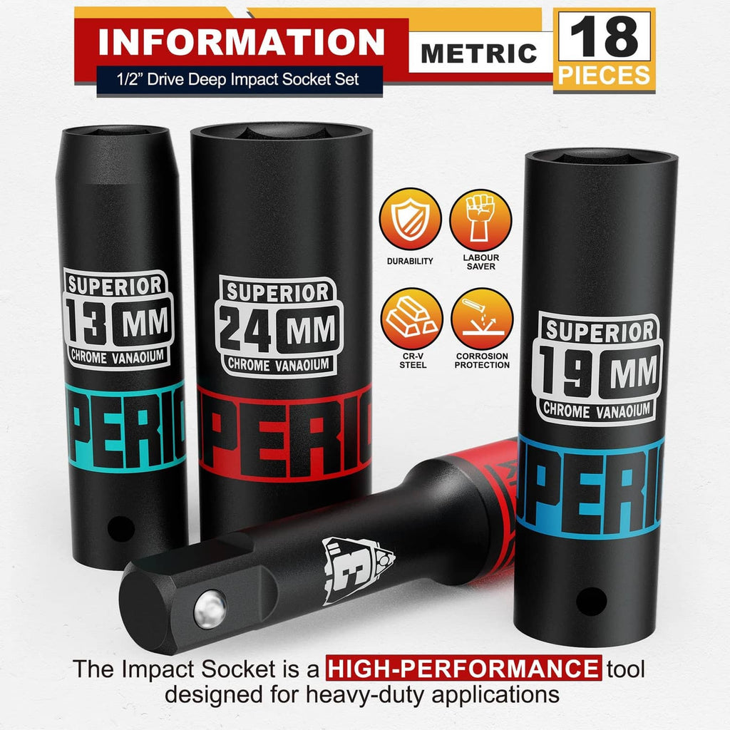 1/2-inch drive deep impact sockets, metric sizes 13–24 mm, in set display