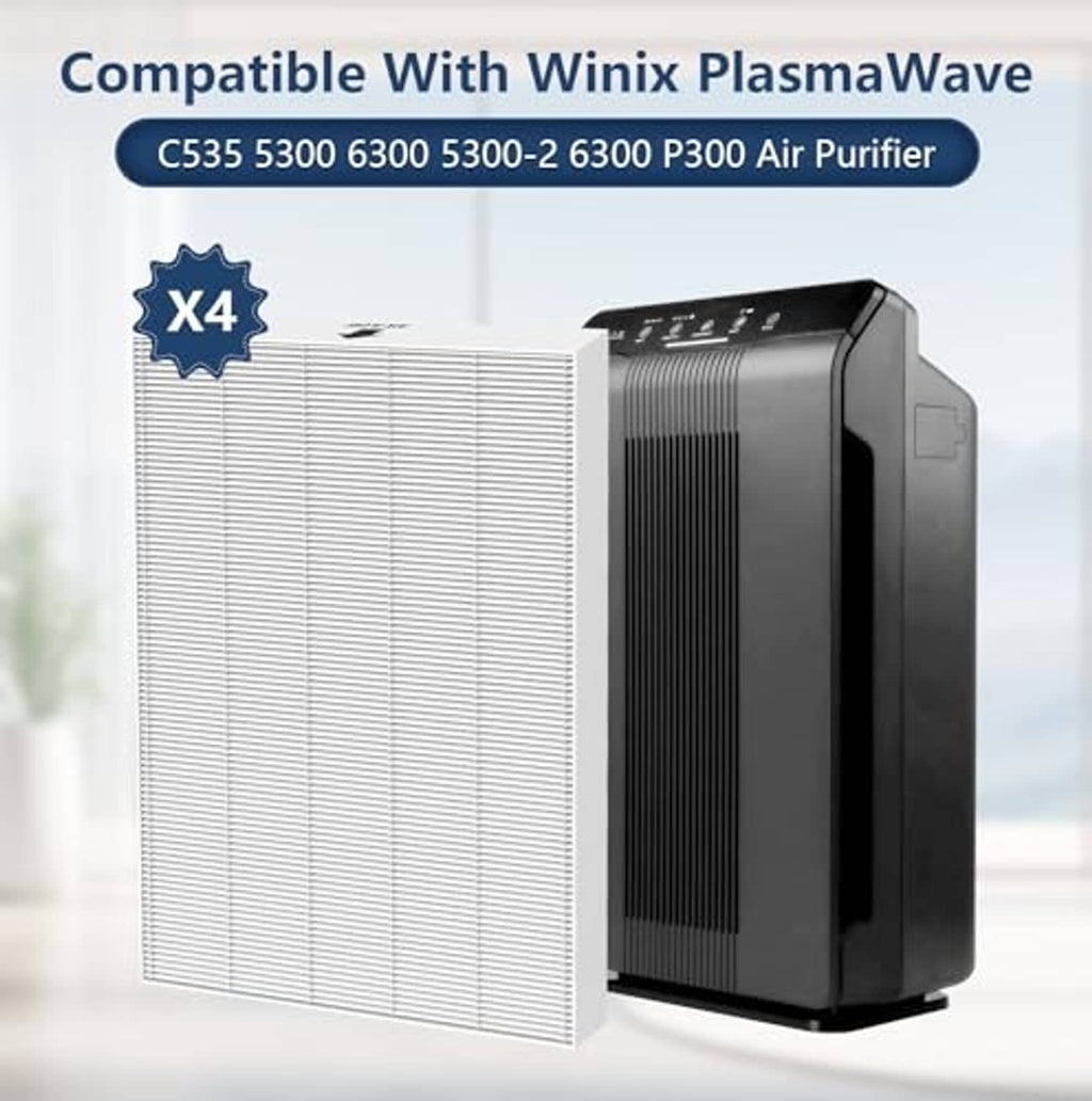 Four-pack of white pleated replacement filters sized for Winix PlasmaWave C535 air purifiers