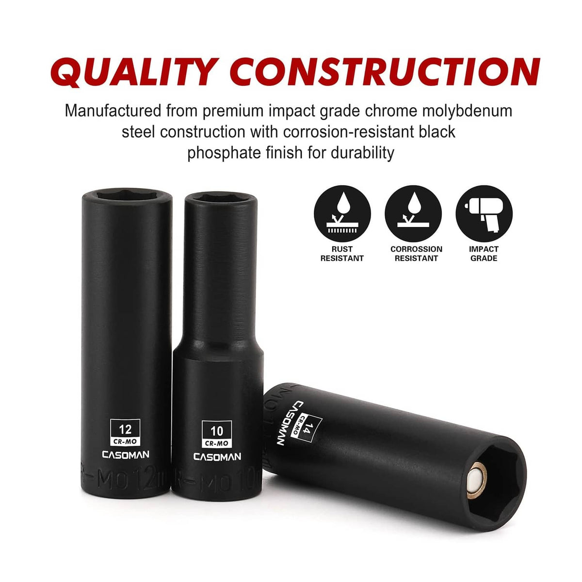 Deep impact socket set in black, chrome molybdenum for rust- and corrosion-resistance