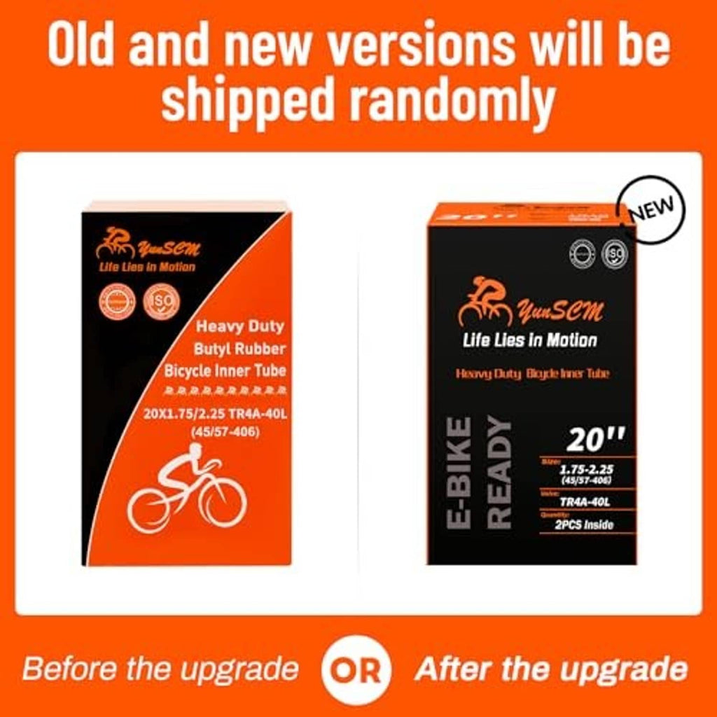 Two-pack bike inner tube comparison graphic with old and new versions on boxes