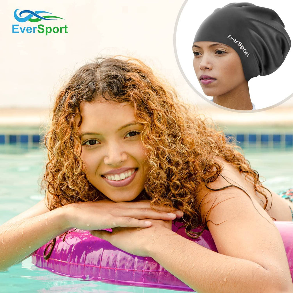 Black EverSport swim cap on curly-haired swimmer for braid and dreadlock styles