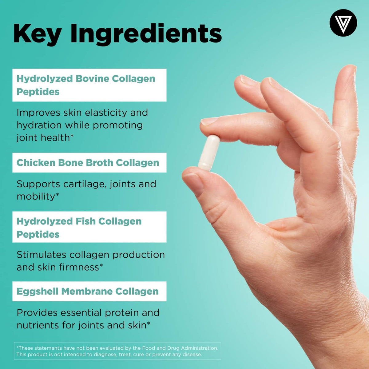 Black Multi Collagen Complex supplement bottle with front label, next to open hand