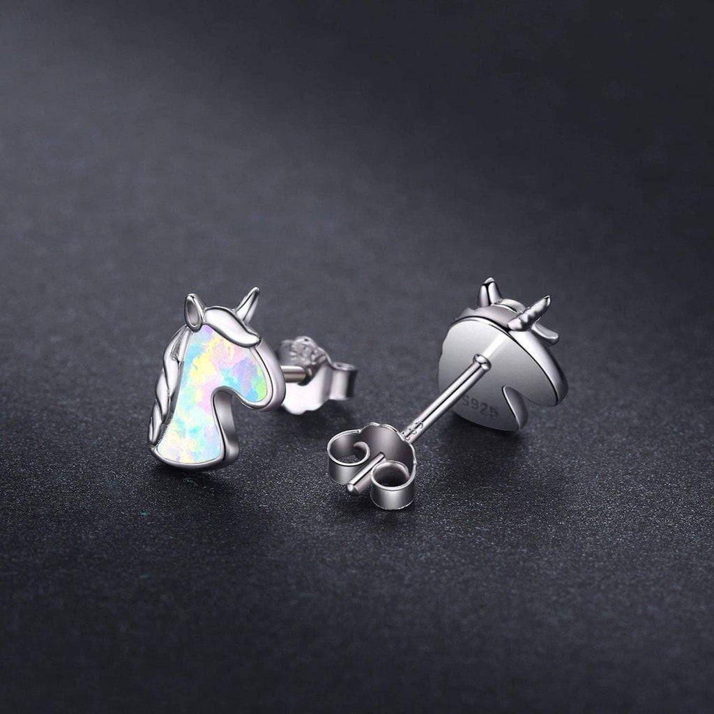 Sterling silver unicorn stud earrings with iridescent opal-colored inlay, pair
