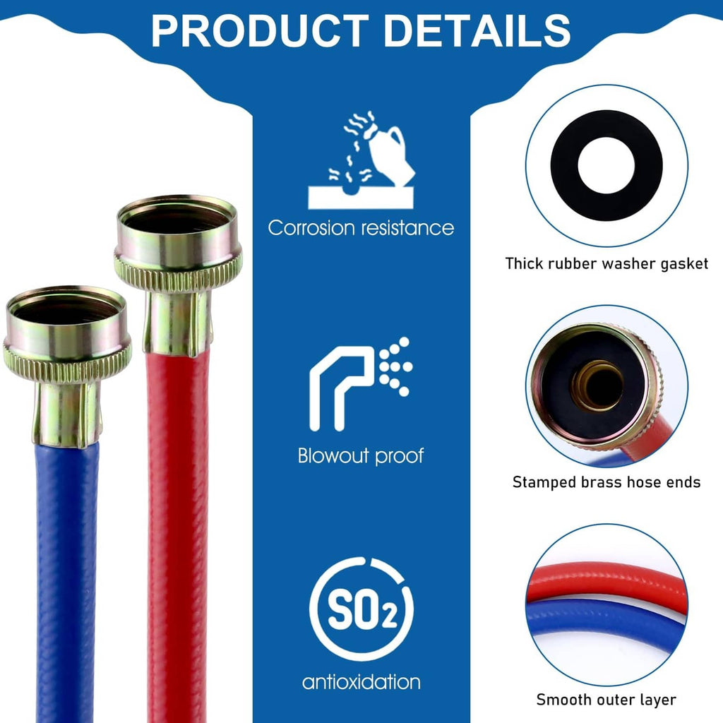 Washer water inlet hoses, blue and red, with brass fittings and thick rubber ends