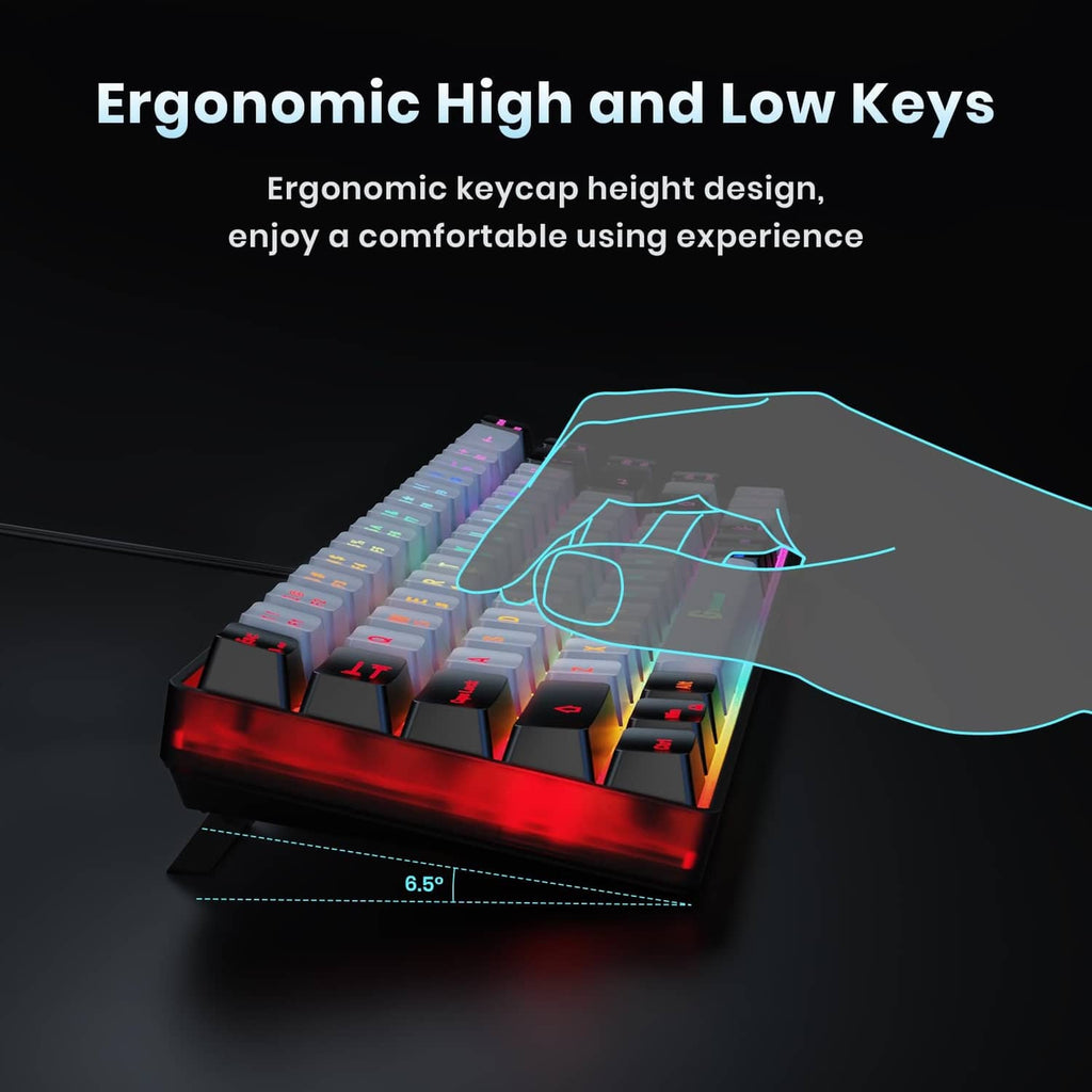 Ergonomic wired RGB keyboard with grey keycaps and black frame, multicolor backlight