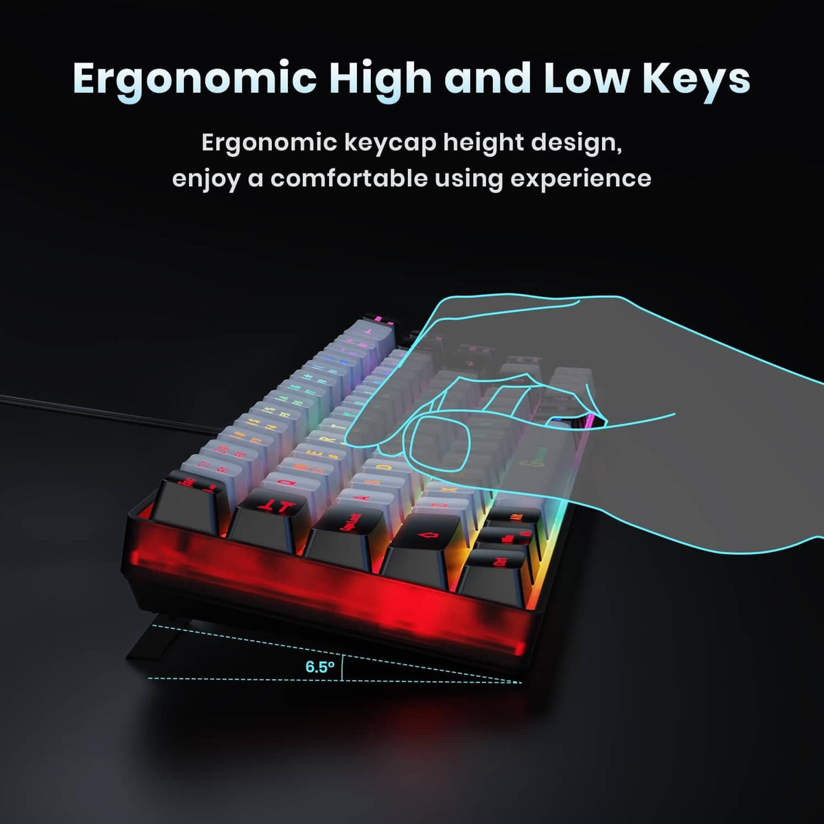 Ergonomic wired RGB keyboard with grey keycaps and black frame, multicolor backlight