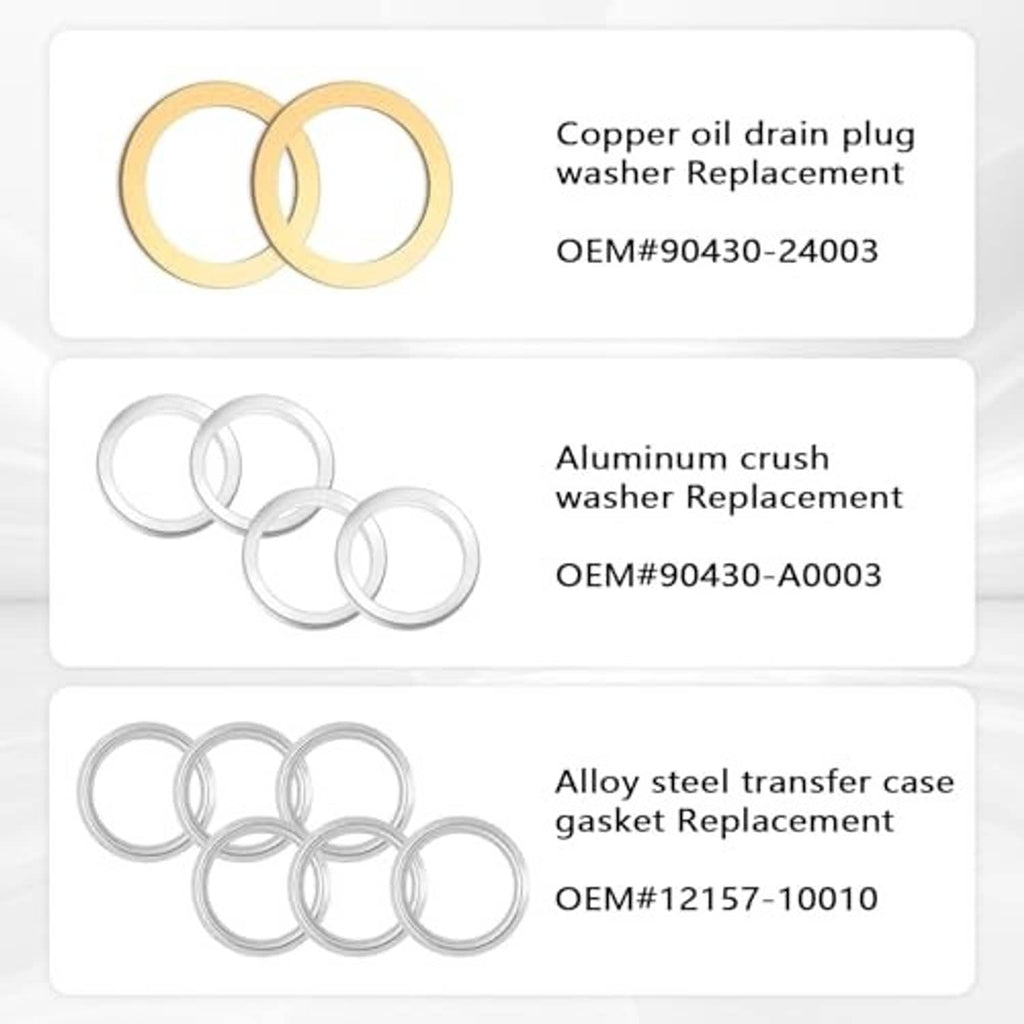 Oil drain plug gasket replacement set showing copper and aluminum crush washers