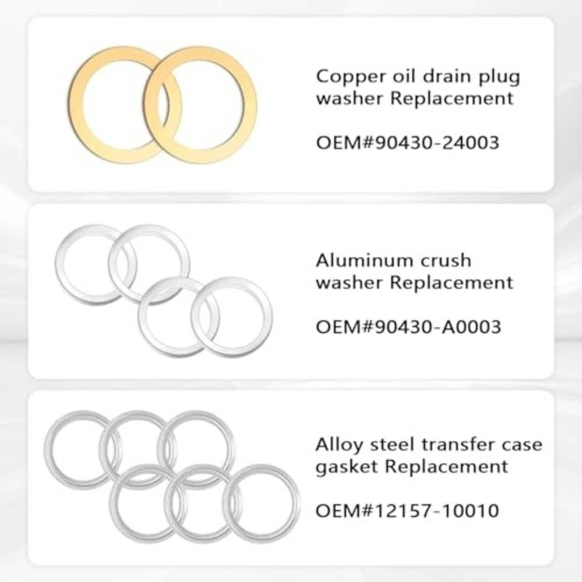 Oil drain plug gasket replacement set showing copper and aluminum crush washers