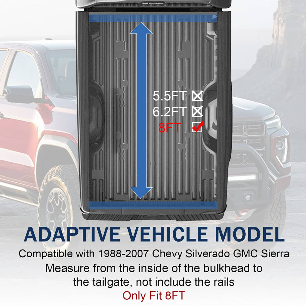 Hard tri-fold tonneau cover fit diagram showing inside bed view and rails