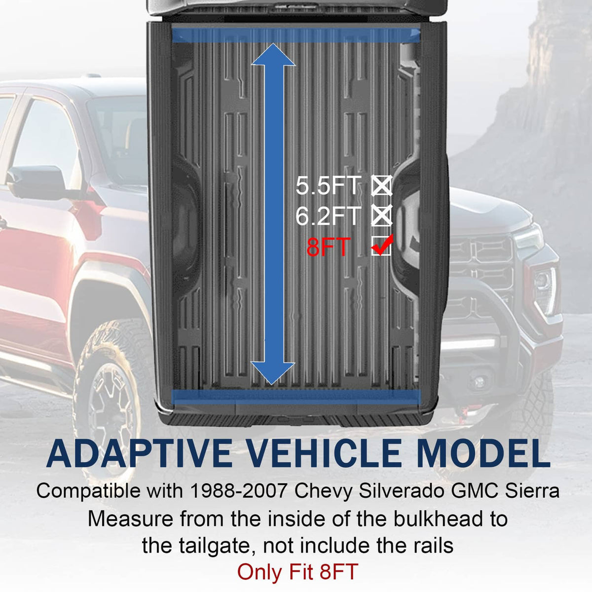 Hard tri-fold tonneau cover fit diagram showing inside bed view and rails