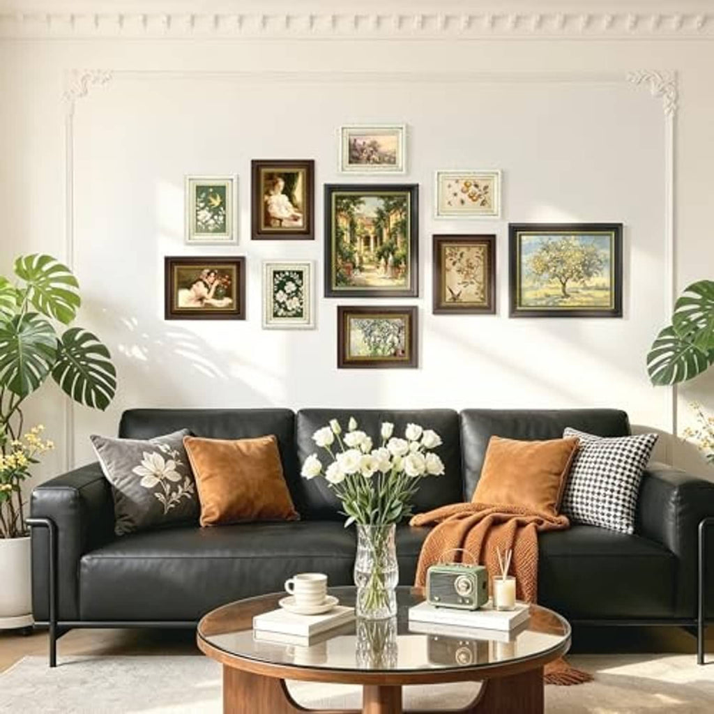 Vintage photo frame collage set on wall above sofa with mixed frame sizes