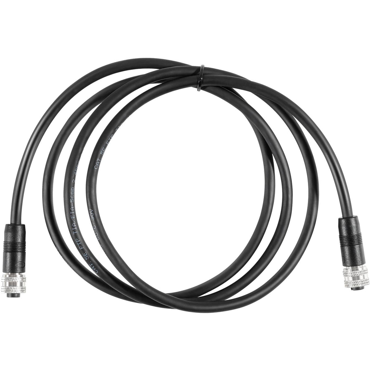 Boat ethernet cable, coiled black 5-foot cable with metal threaded connector ends