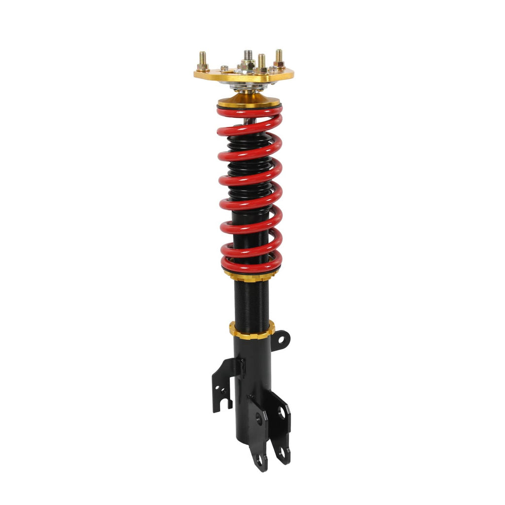 Coilover suspension strut with red coil spring and black shock, gold top plate