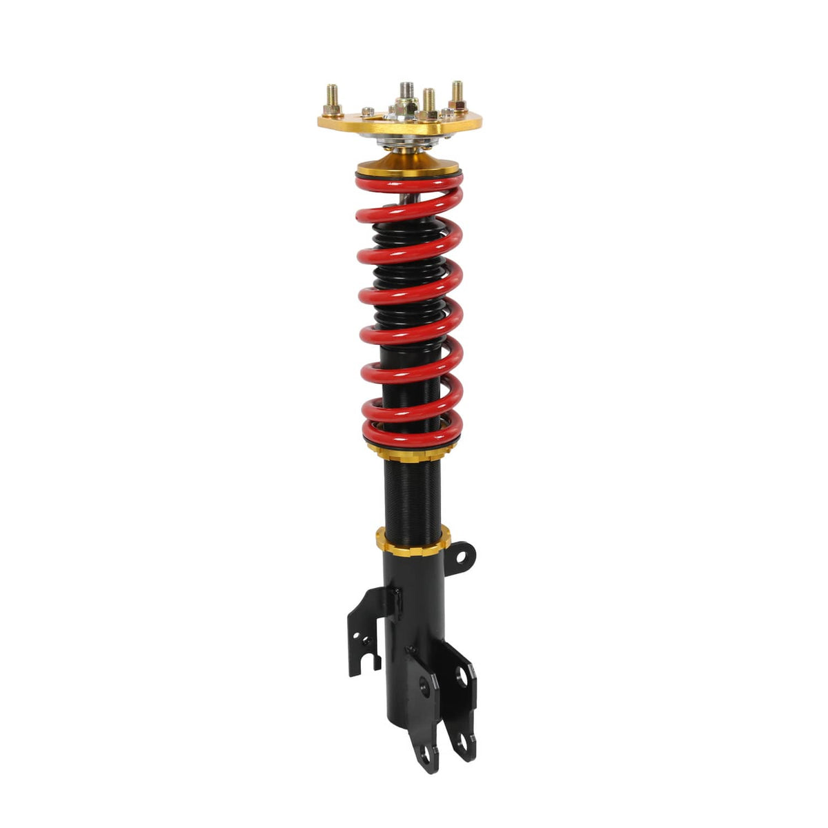 Coilover suspension strut with red coil spring and black shock, gold top plate