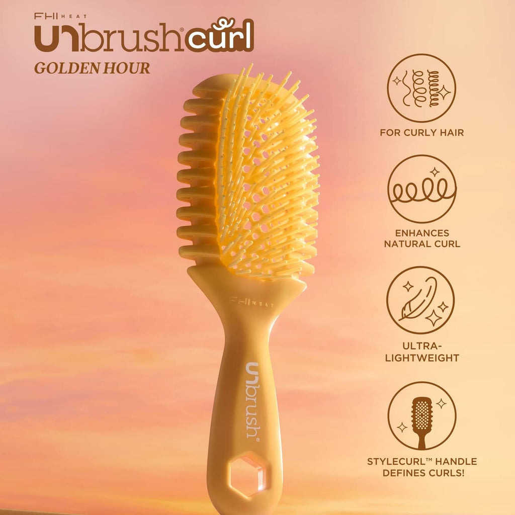 Curl brush Golden Hour packaging with curl-enhancing icons and brush profile