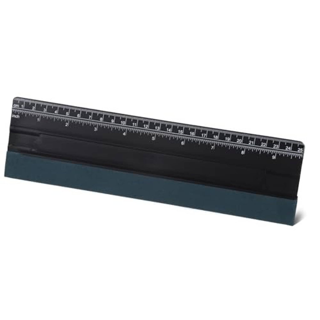 Black squeegee tool with inch and centimeter measuring ruler