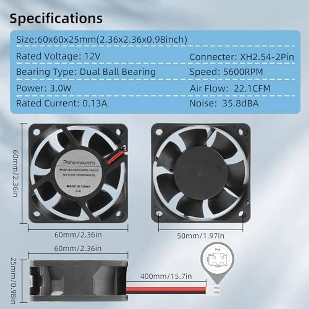Black 60mm cooling fan dimensions diagram with mounting bracket views