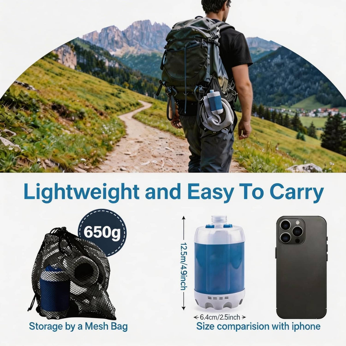 Portable camping shower pump carried in backpack, blue and white
