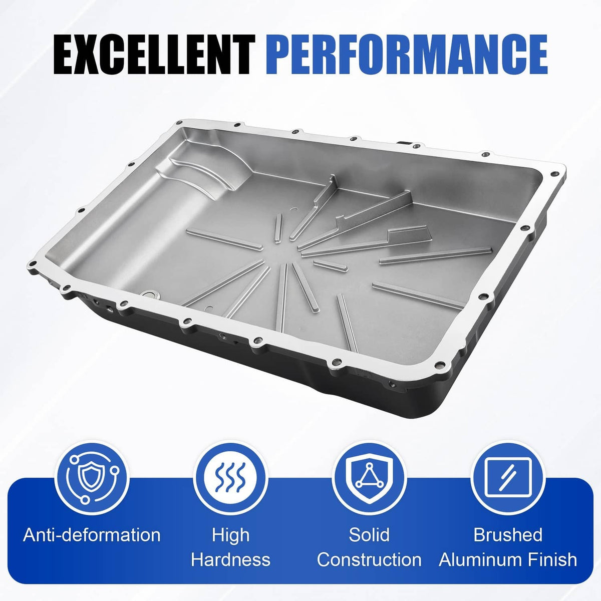 Silver aluminum transmission pan interior tray with bolt holes and baffle lines