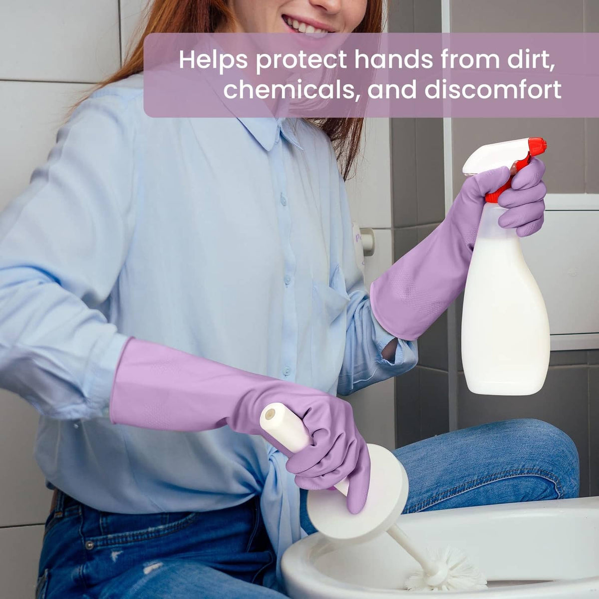 Lavender rubber dishwashing glove with cuff and textured anti-slip palm