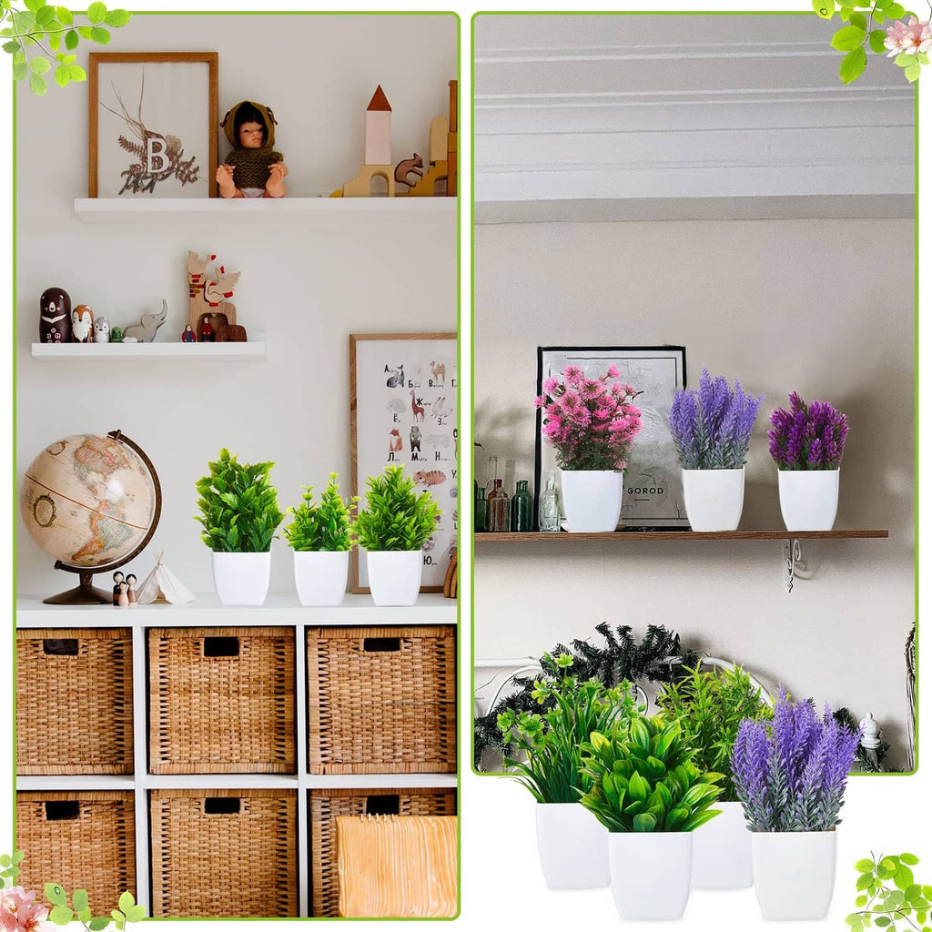 Artificial potted plant set in white square pots, green and purple with pink blooms