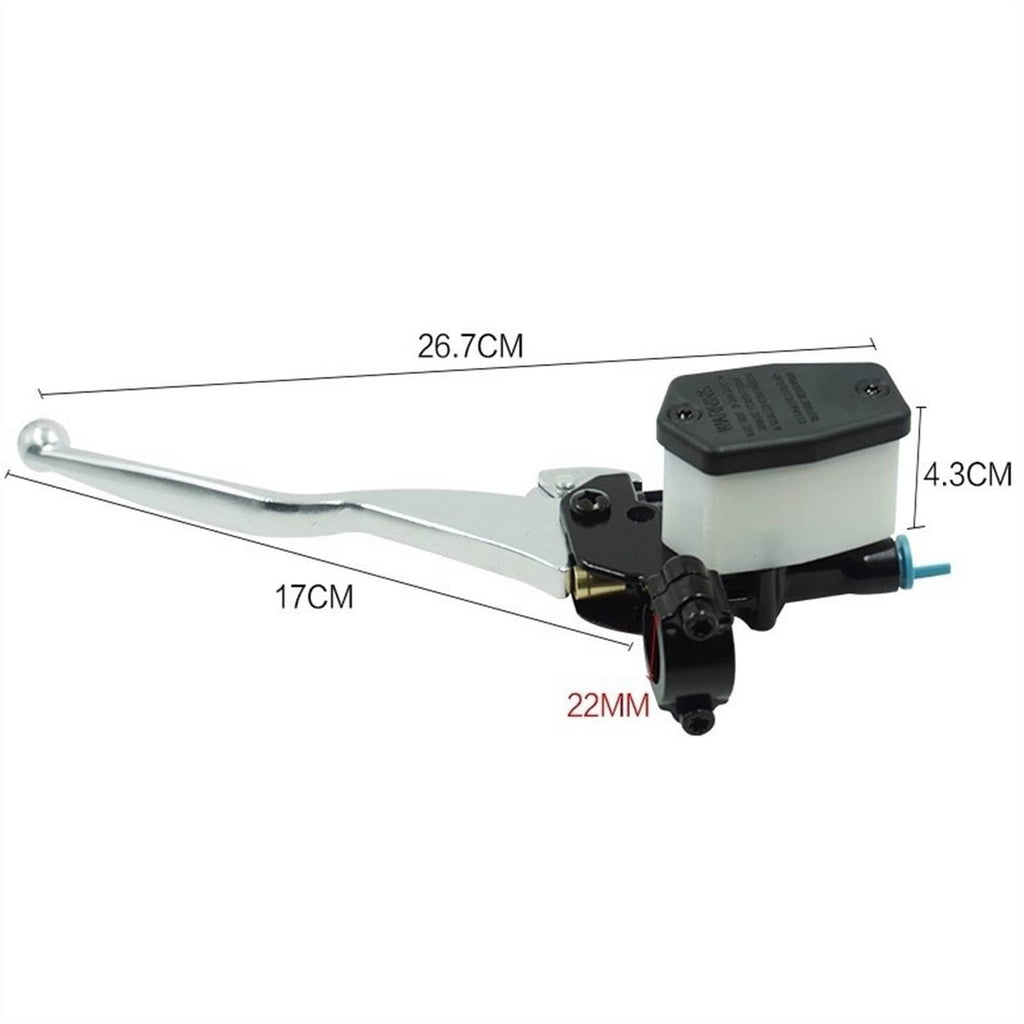 Brake master cylinder with lever and mounting bracket, shown with size measurements