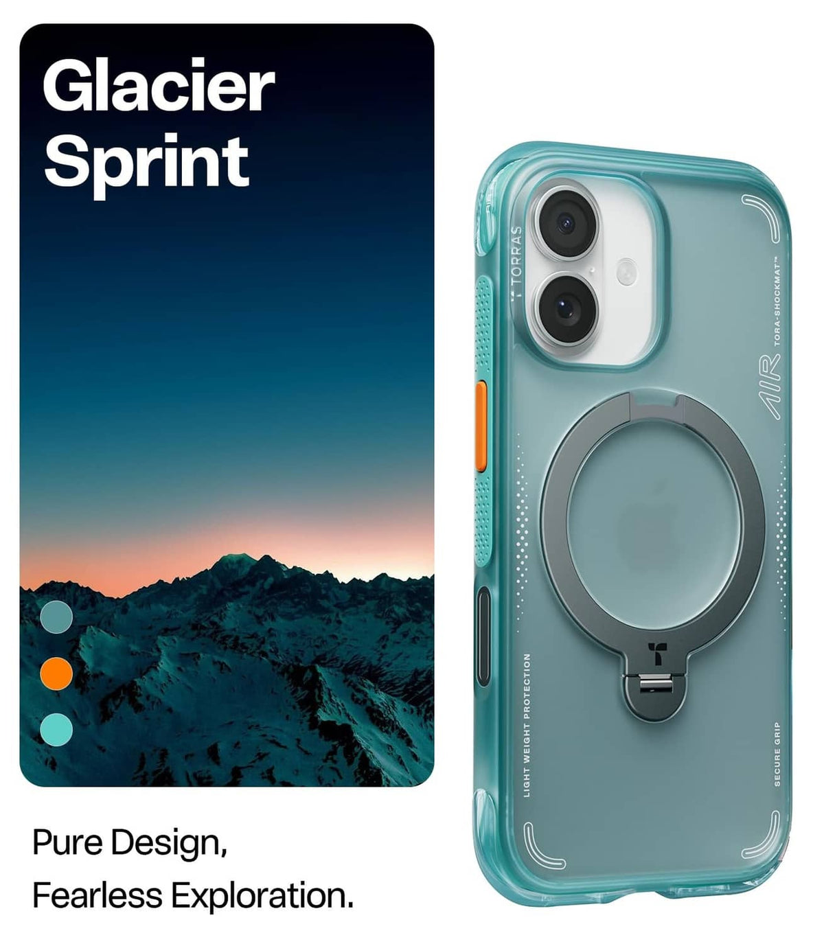 Teal Glacier Sprint phone case with circular stand ring and dual camera covers