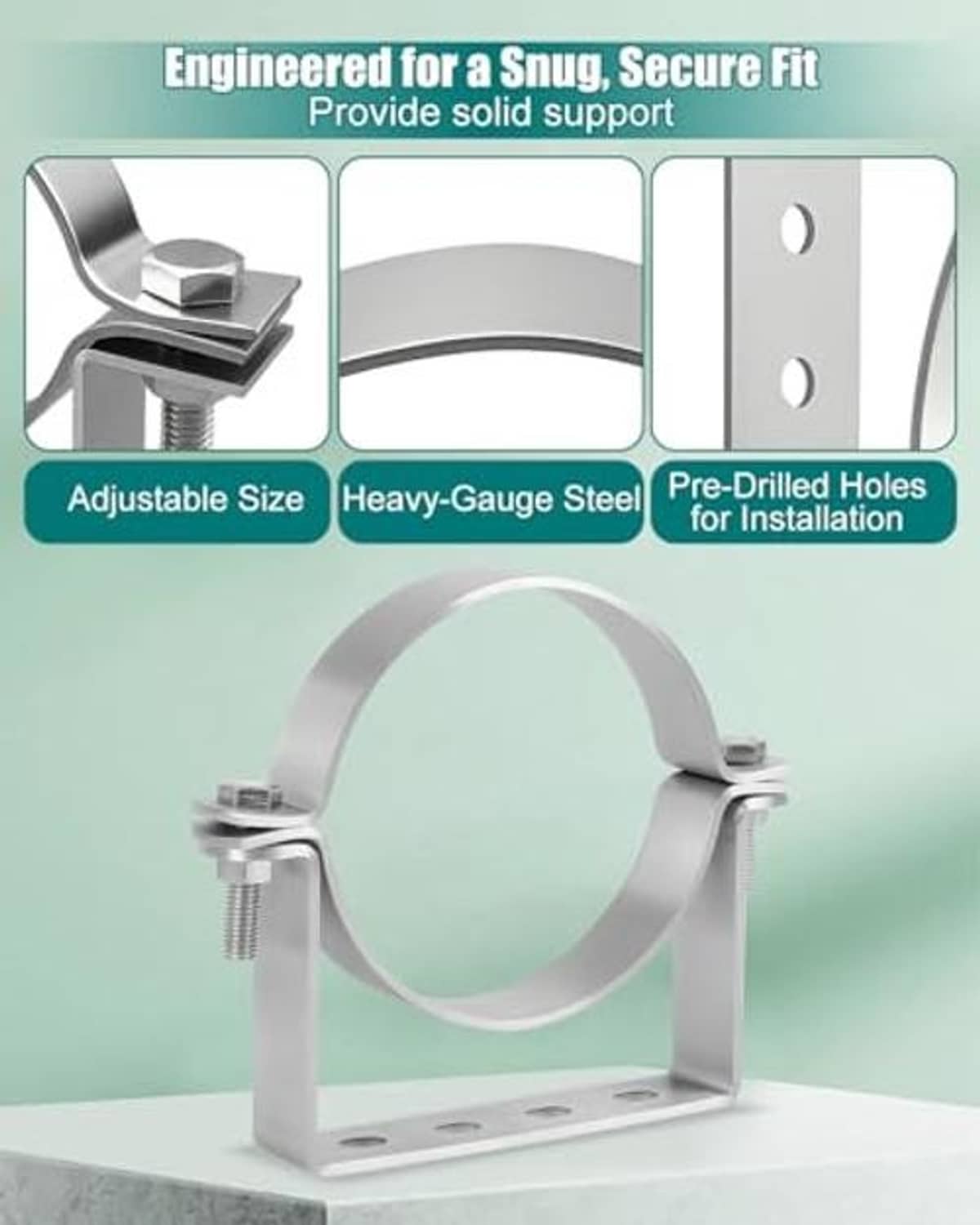 Heavy-duty steel split-ring pipe hanger bracket with bolts and pre-drilled mounting holes