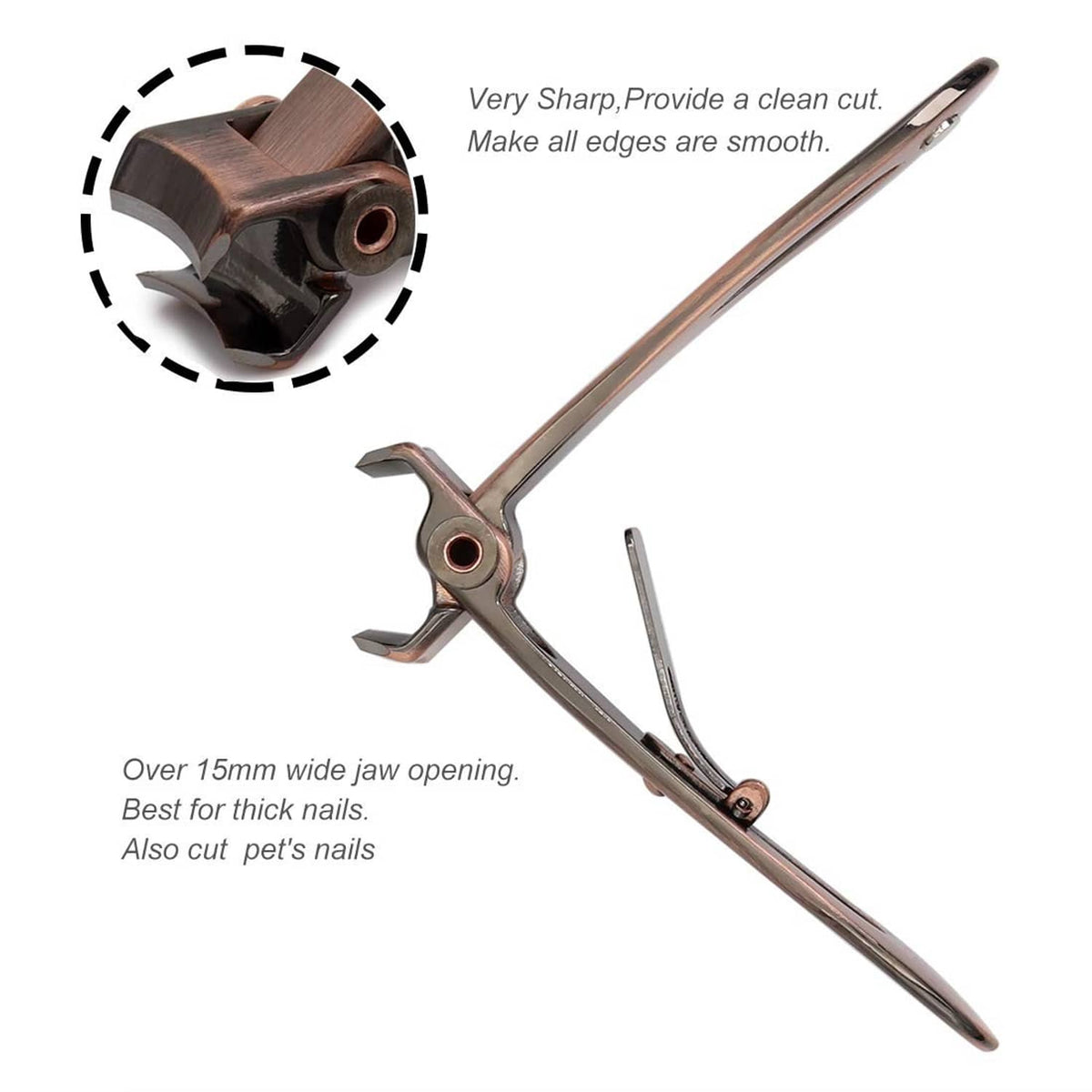 Bronze nail clipper with smooth cutting blades and wide jaw hinge