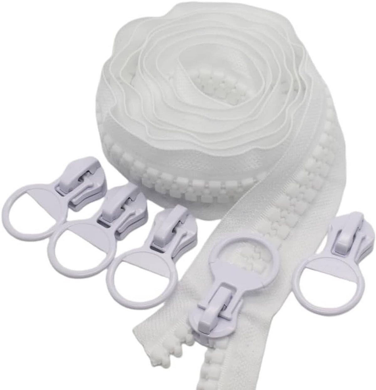 White heavy-duty plastic zipper rolls with 5 loop pulls and sliders