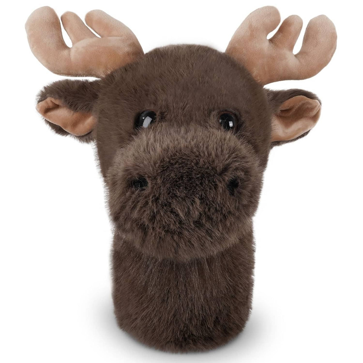 Moose plush golf driver headcover in brown, with embroidered eyes and raised antlers
