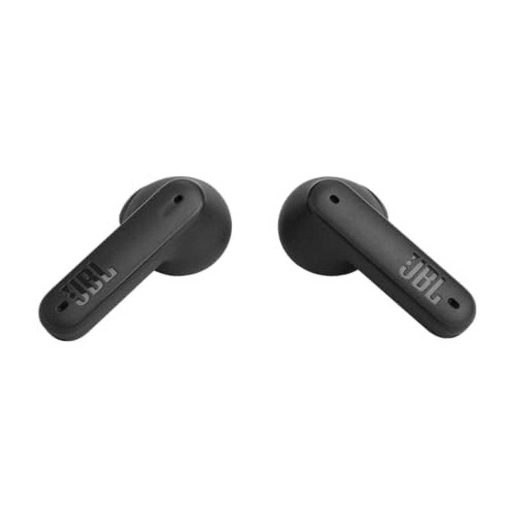 Pair of black JBL true wireless earbuds, front-facing earbud tips