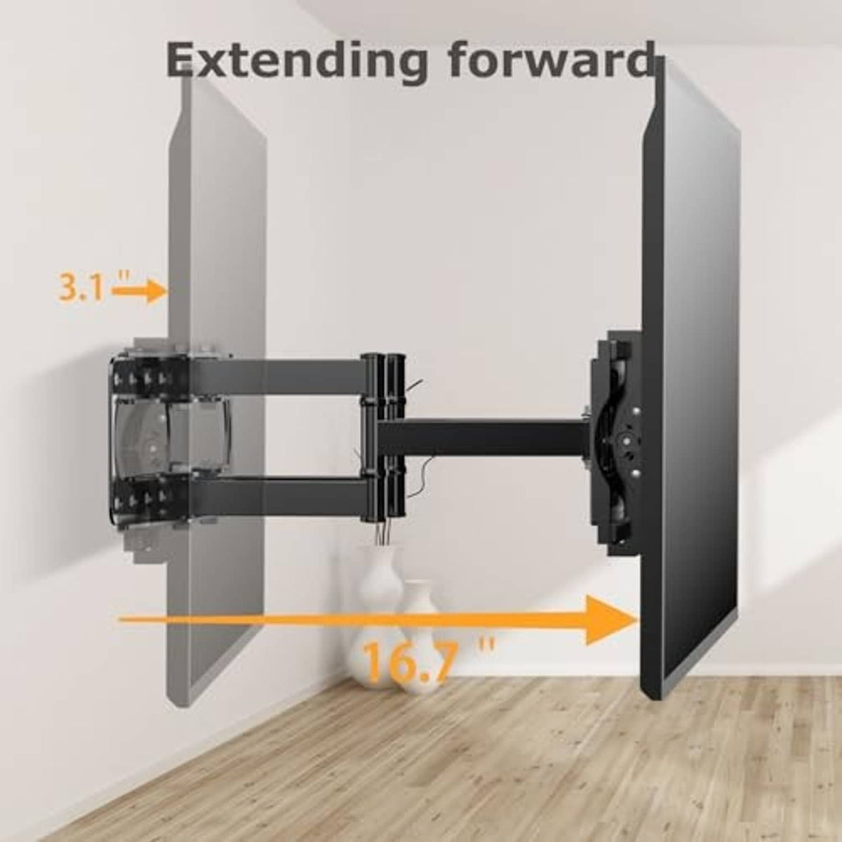 Black full-motion TV wall mount extending forward from the wall with mounting bracket