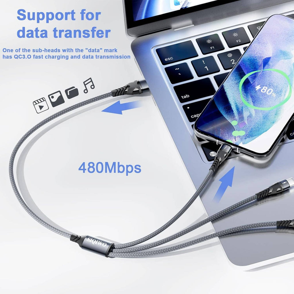 3-in-1 USB-C charging cable with gray braided cord, multi-device connection shown