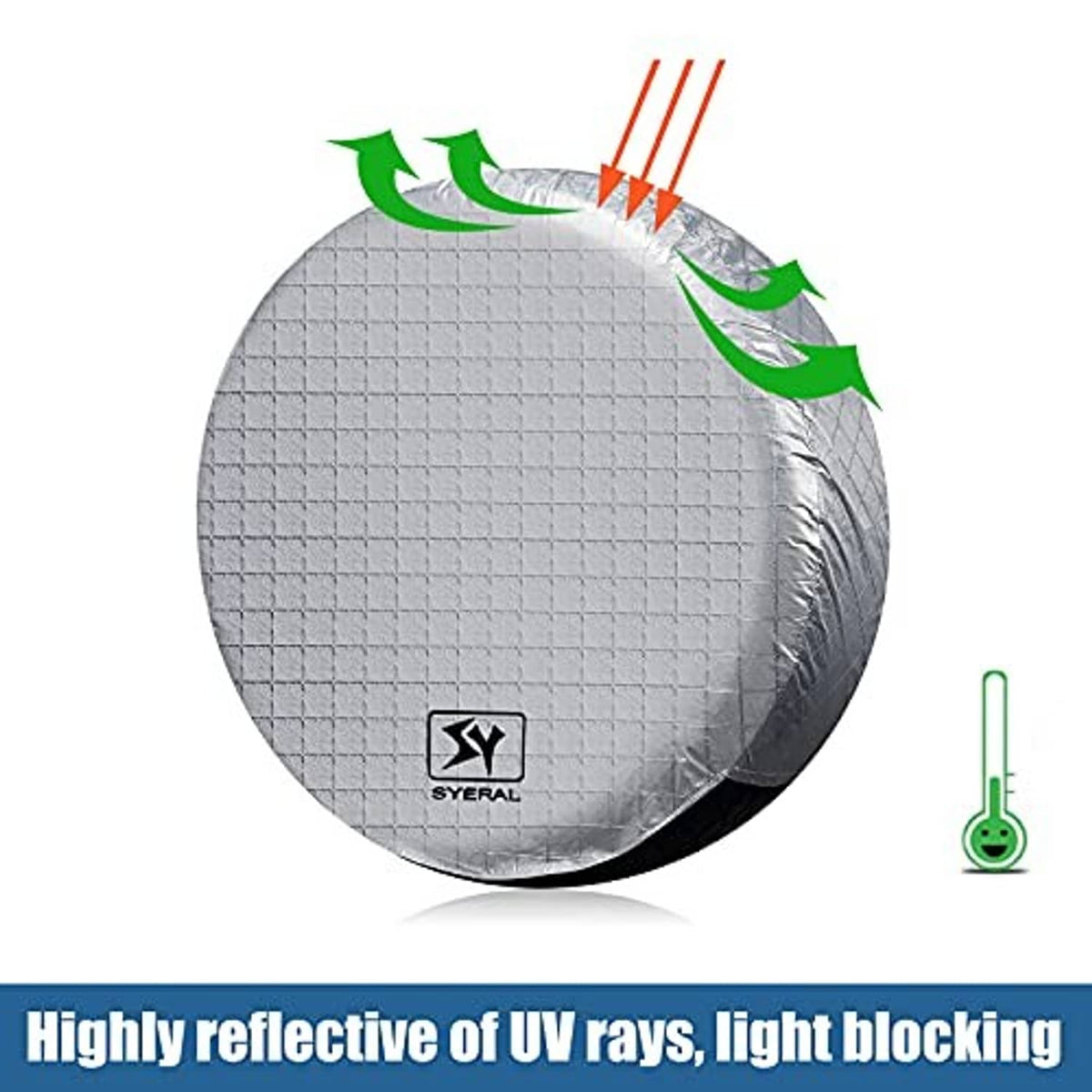 Gray RV tire cover with reflective surface and drawstring opening; Syeral logo