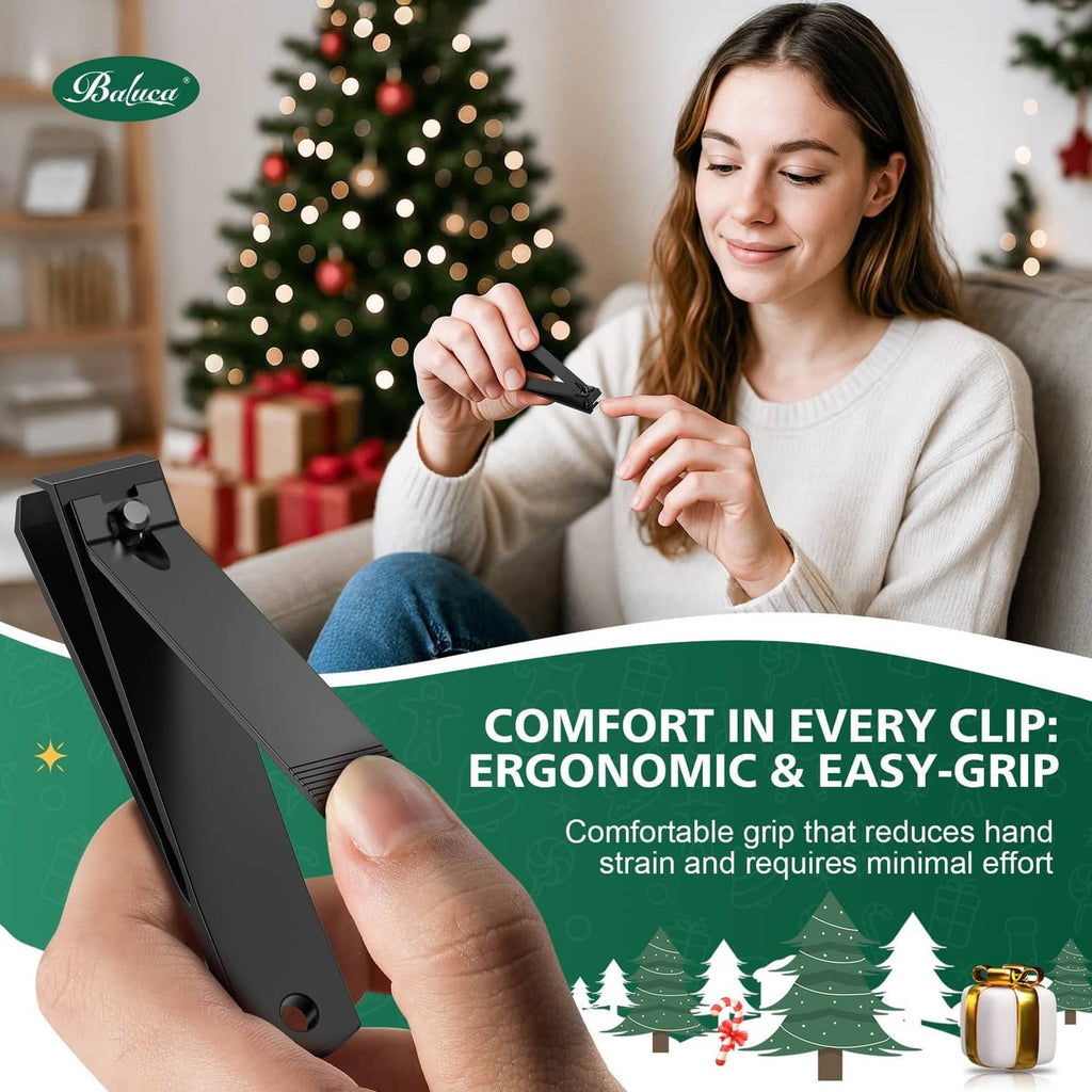 Black straight-edge toenail clipper in use, ergonomic grip and thumb lever