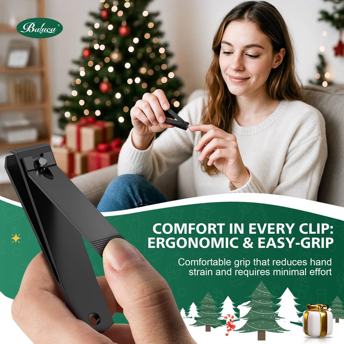 Black straight-edge toenail clipper in use, ergonomic grip and thumb lever