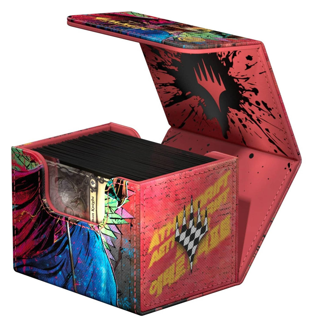 Ultimate Guard Sidewinder deck box open, multiple cards visible inside