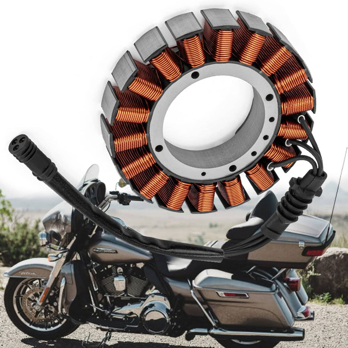 Motorcycle generator stator with copper coils and black wire leads, circular metal housing