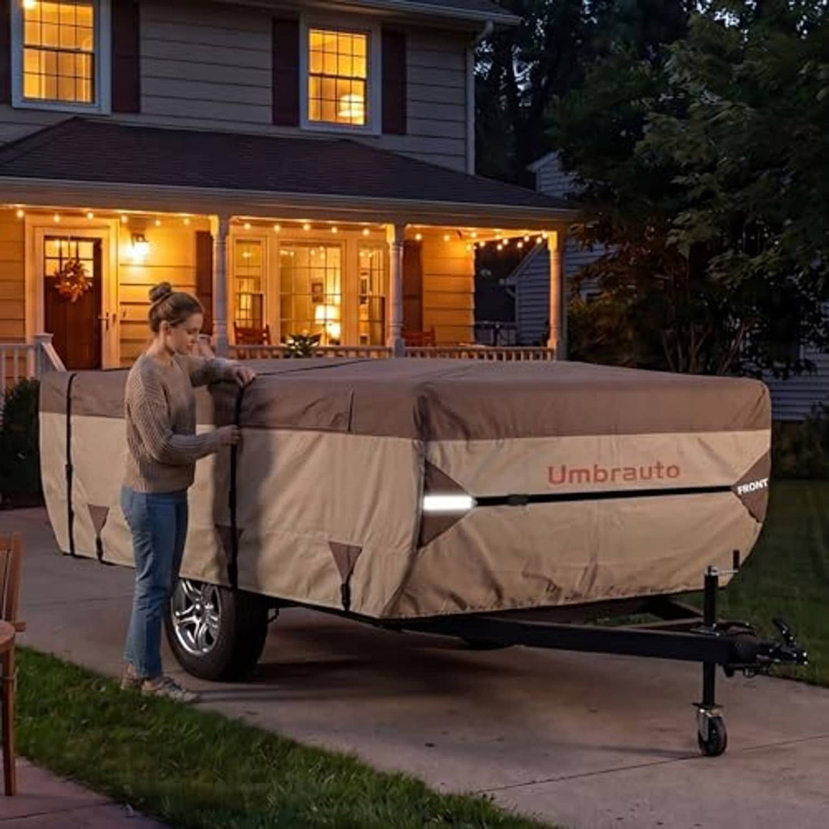 Pop-up camper cover, tan fabric with front flap and hanging support straps