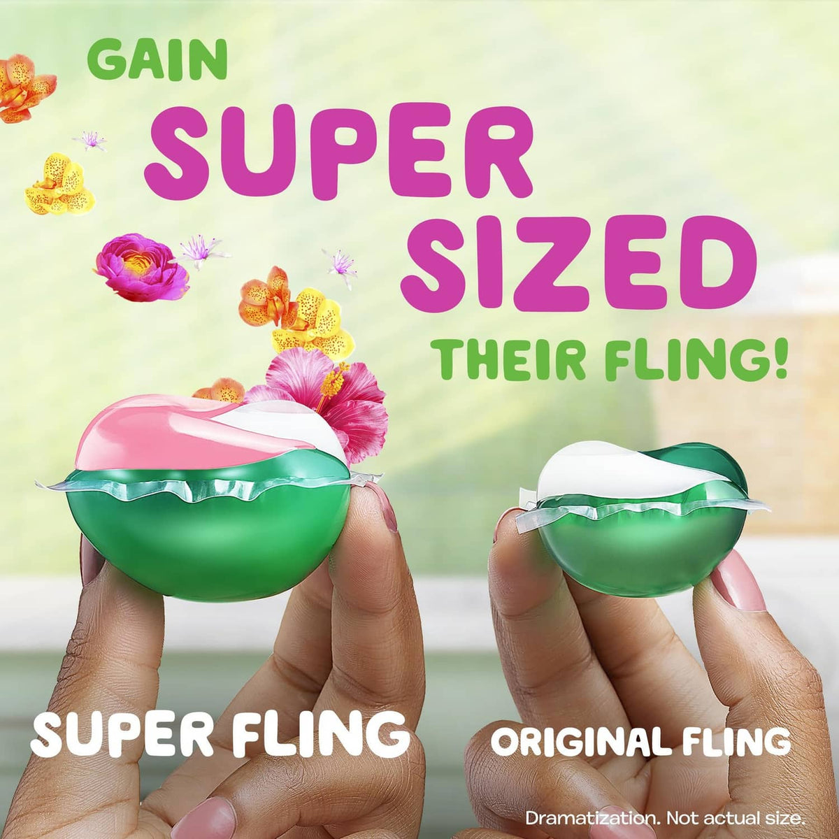 Laundry detergent pacs, two green-and-white Super Fling pods held in hands